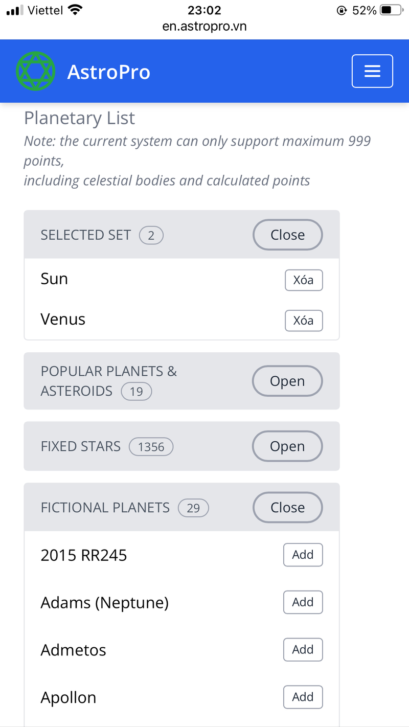 Open celestial bodies list