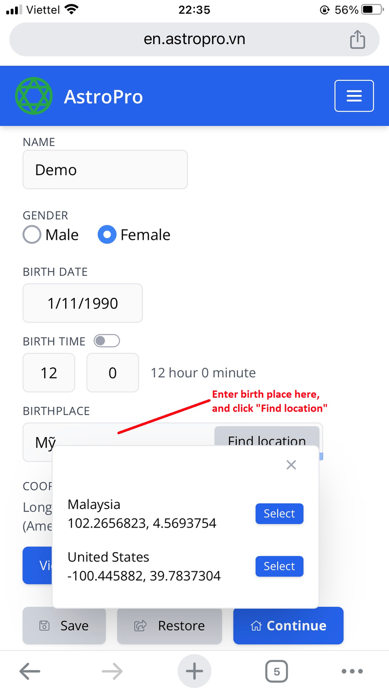 Selecting birthplace